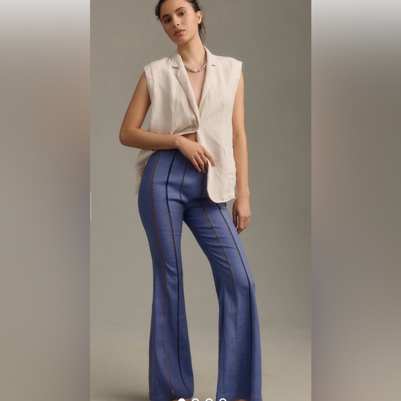 NWOT By Anthropologie Linen Striped Flare Pants 4 - Picture 1 of 16